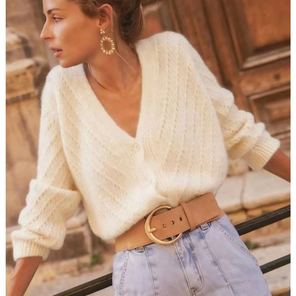 V-Cut Buttoned Down Off White Knit Cardigan Textured, Long Sleeve